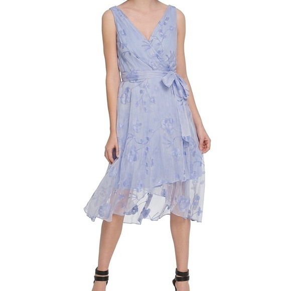DKNY dress 6 Crinkle Embroidered Floral Double V-Neck Faux Wrap Midi Dress NWT - Picture 1 of 4